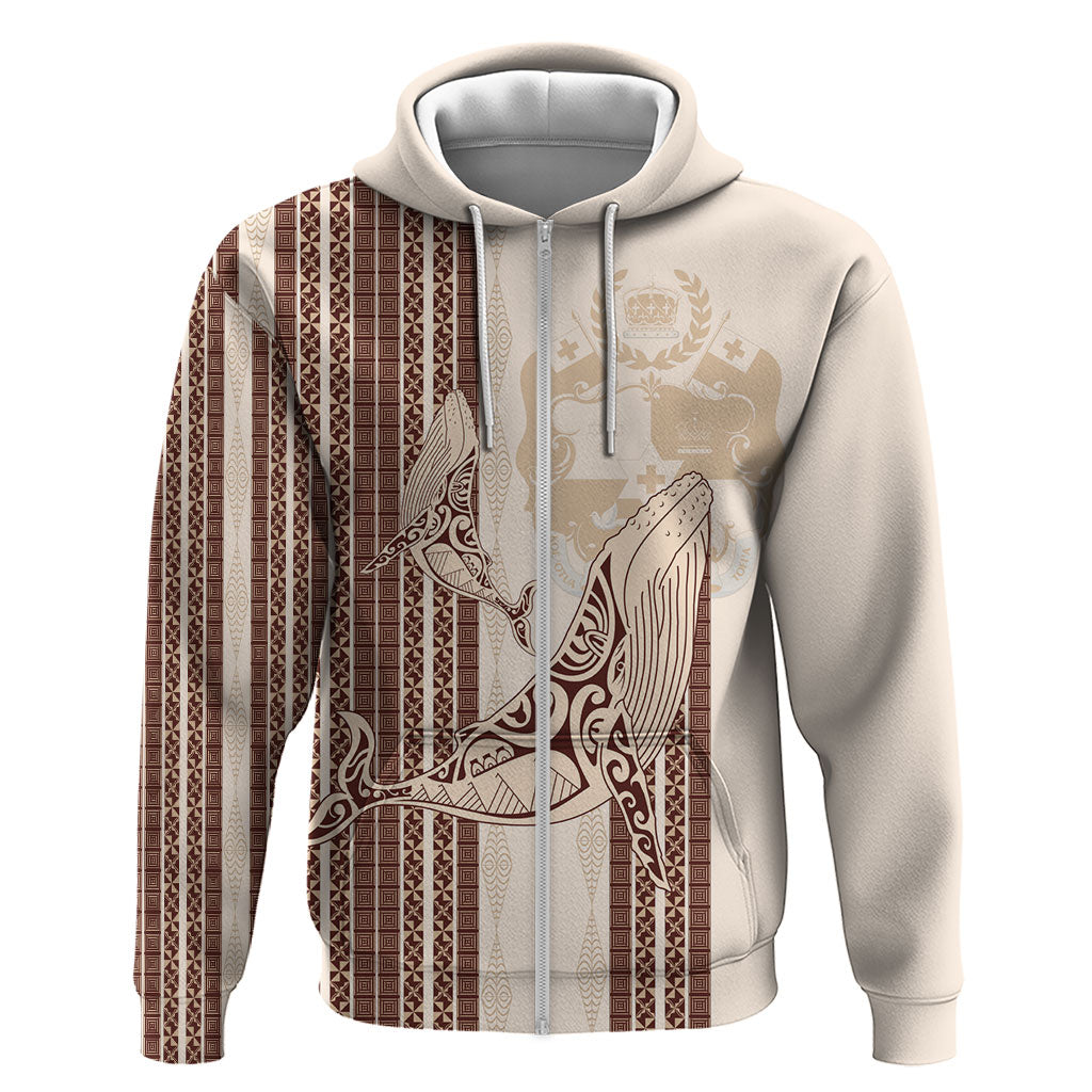 Swimming With Humpback Whales Season Tonga Zip Hoodie Tongan Tofuaa Ngatu Pattern Brown