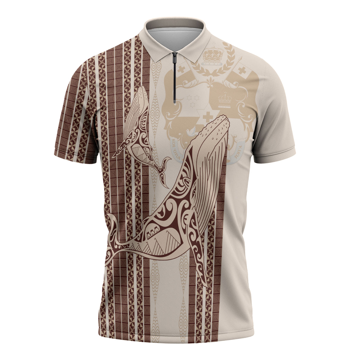Swimming With Humpback Whales Season Tonga Zipper Polo Shirt Tongan Tofuaa Ngatu Pattern Brown