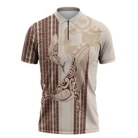 Swimming With Humpback Whales Season Tonga Zipper Polo Shirt Tongan Tofuaa Ngatu Pattern Brown