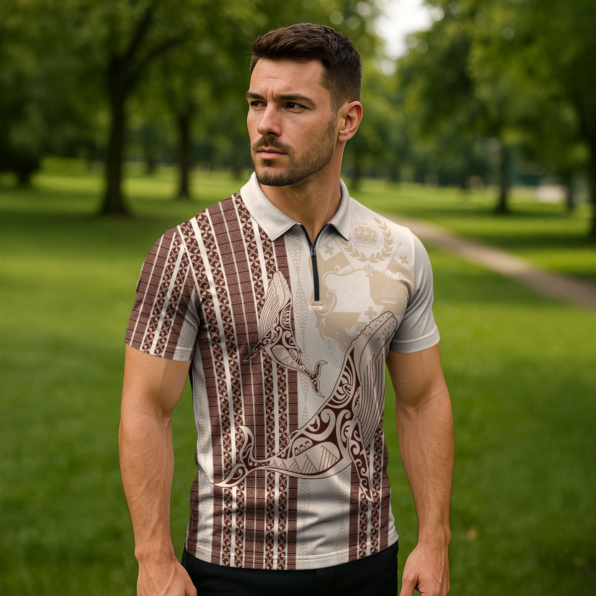 Swimming With Humpback Whales Season Tonga Zipper Polo Shirt Tongan Tofuaa Ngatu Pattern Brown