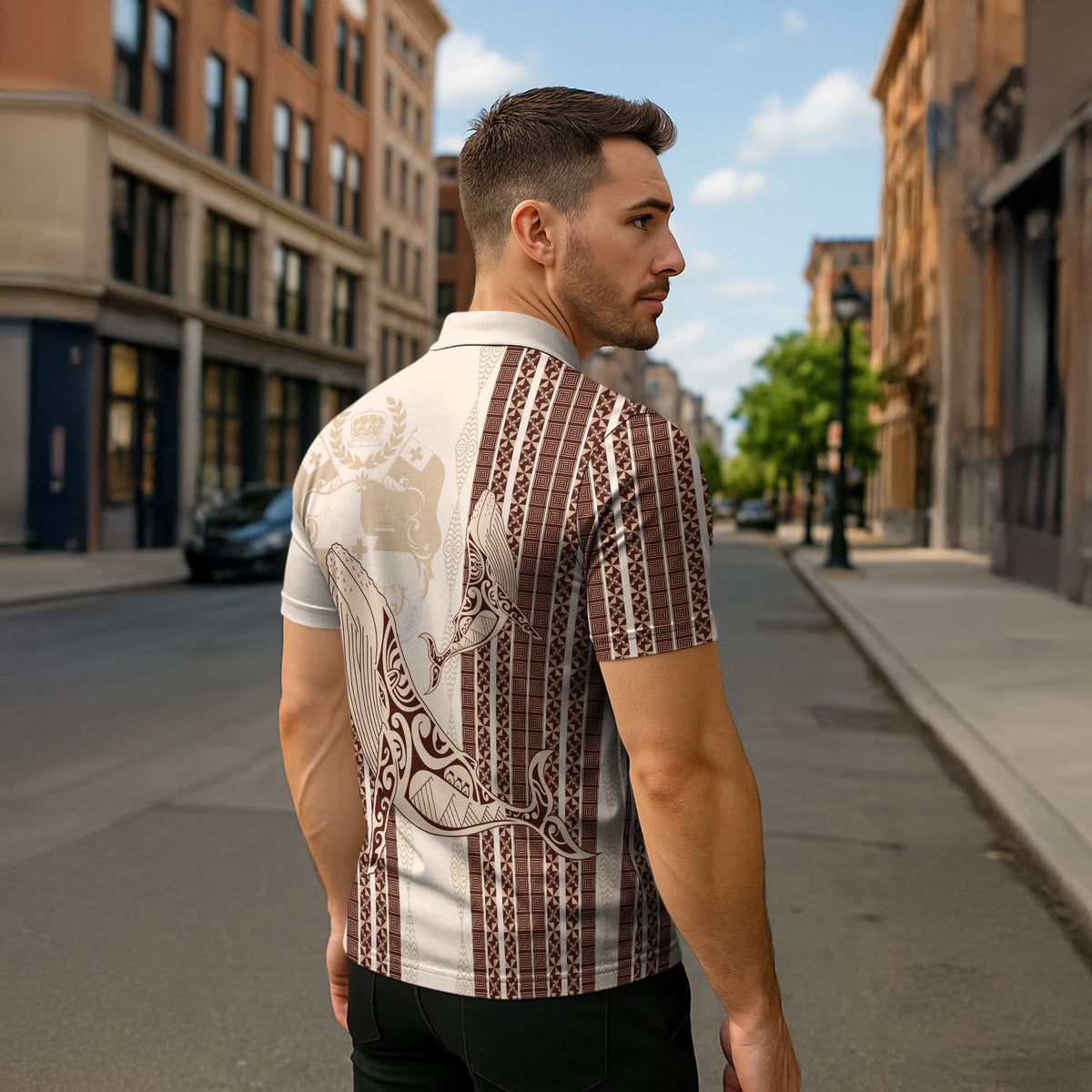 Swimming With Humpback Whales Season Tonga Zipper Polo Shirt Tongan Tofuaa Ngatu Pattern Brown