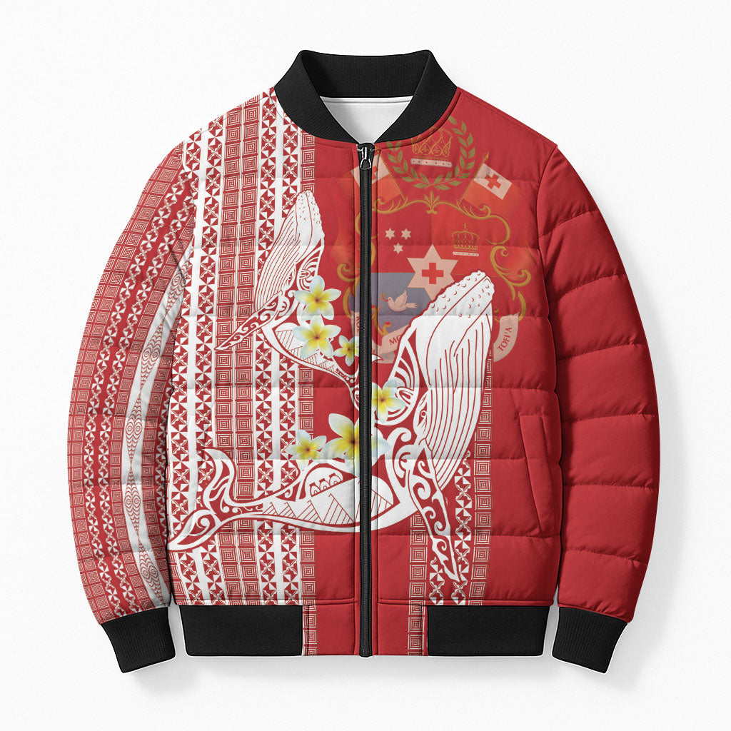 Swimming With Humpback Whales Season Tonga Bomber Puffer Jacket Tongan Tofuaa Ngatu Pattern Red