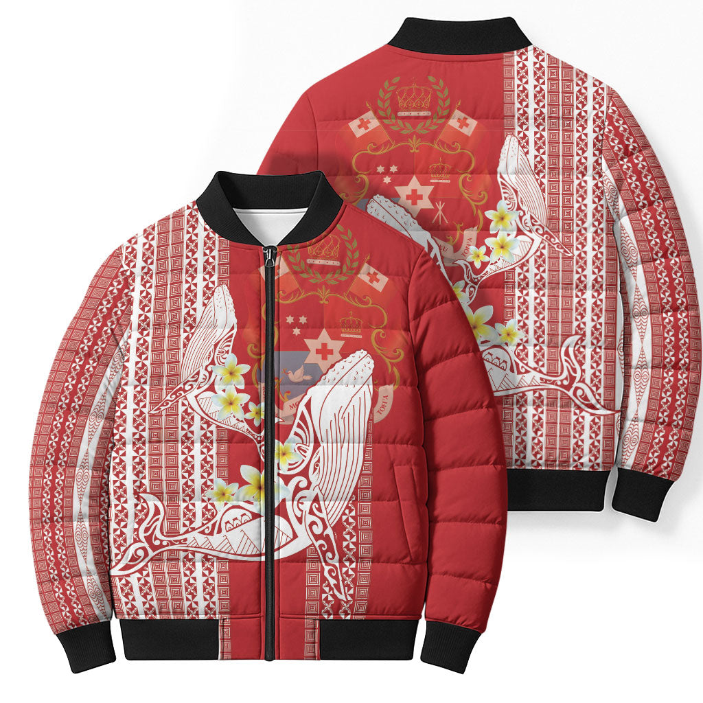 Swimming With Humpback Whales Season Tonga Bomber Puffer Jacket Tongan Tofuaa Ngatu Pattern Red