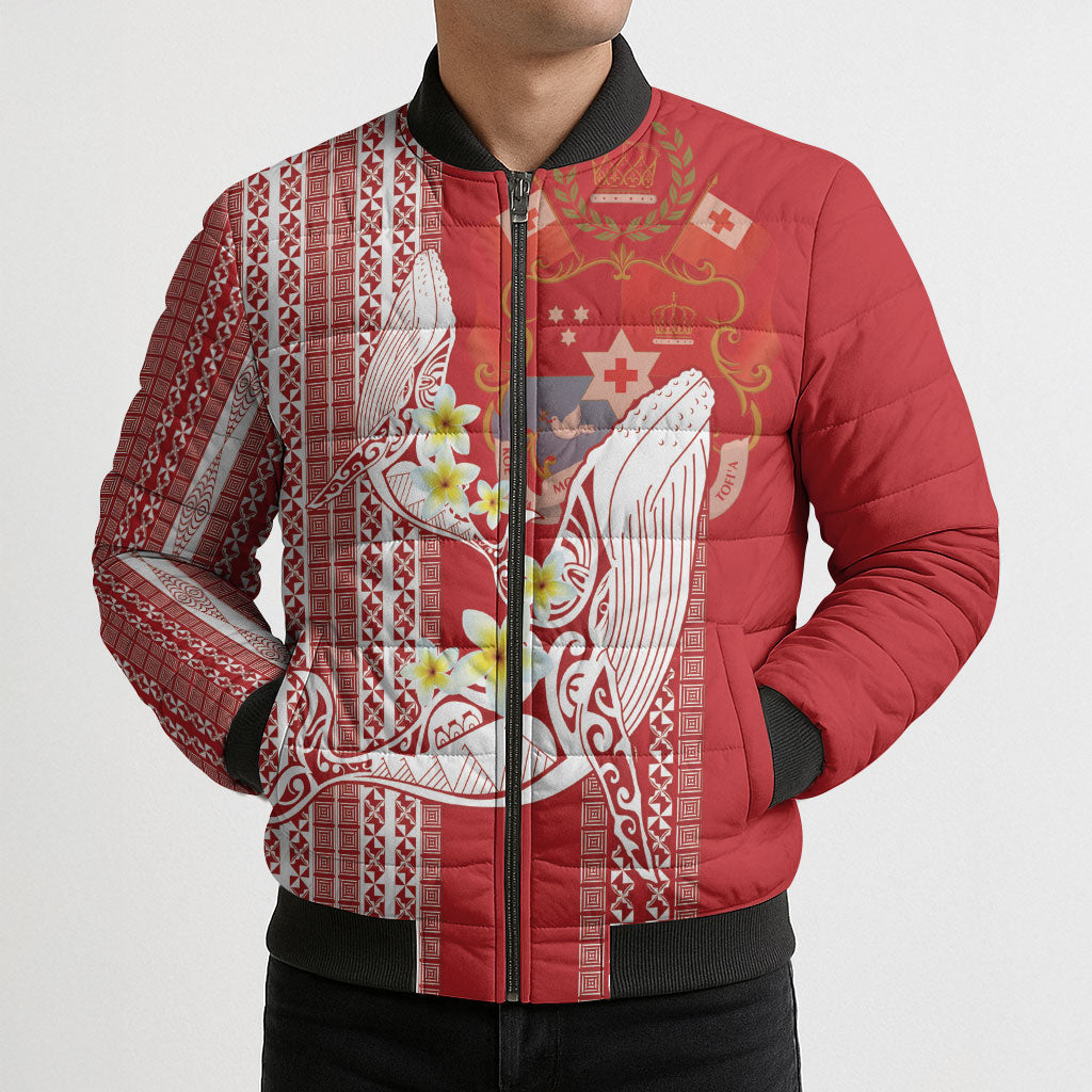 Swimming With Humpback Whales Season Tonga Bomber Puffer Jacket Tongan Tofuaa Ngatu Pattern Red