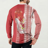 Swimming With Humpback Whales Season Tonga Button Sweatshirt Tongan Tofuaa Ngatu Pattern Red