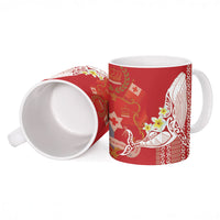 Swimming With Humpback Whales Season Tonga Ceramic Mug Tongan Tofuaa Ngatu Pattern Red