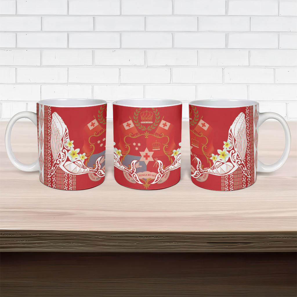Swimming With Humpback Whales Season Tonga Ceramic Mug Tongan Tofuaa Ngatu Pattern Red