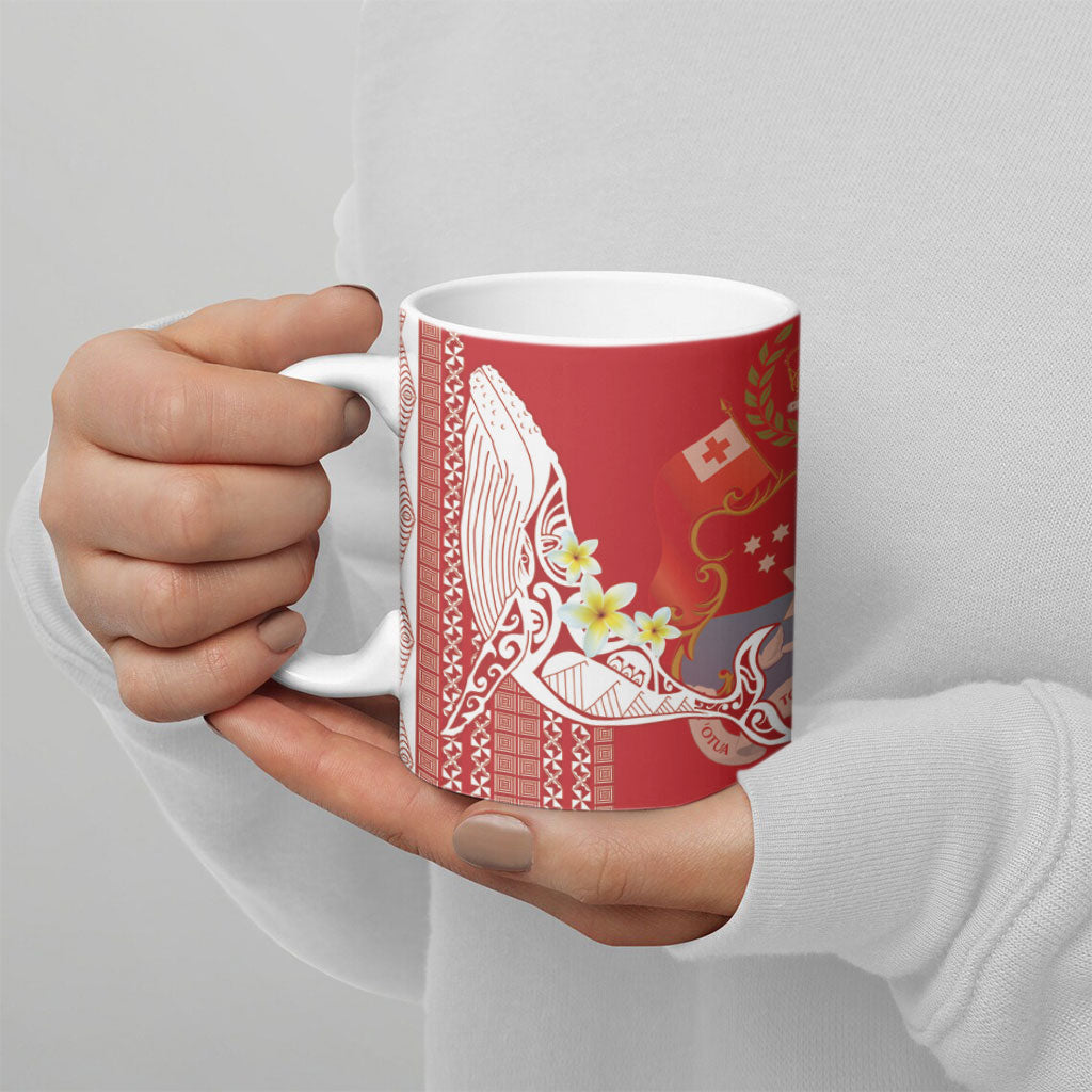 Swimming With Humpback Whales Season Tonga Ceramic Mug Tongan Tofuaa Ngatu Pattern Red