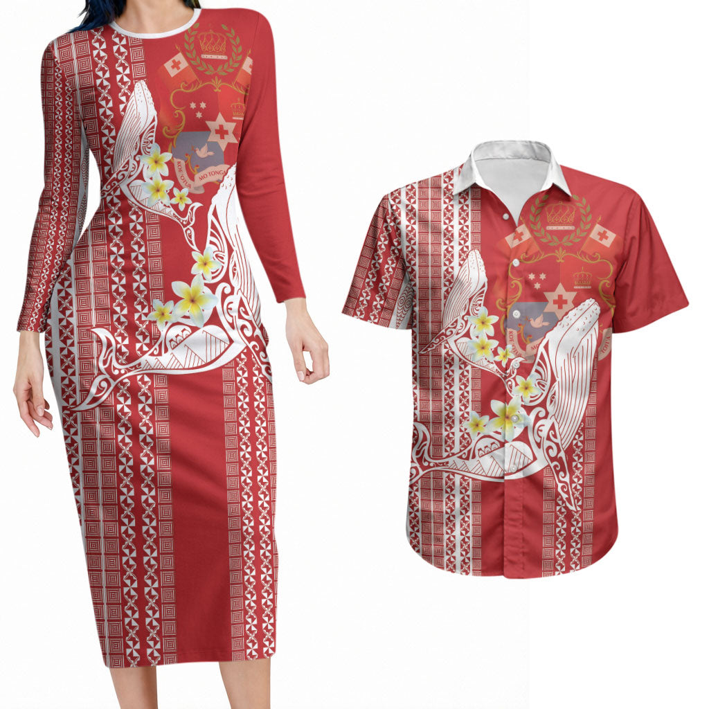 Swimming With Humpback Whales Season Tonga Couples Matching Long Sleeve Bodycon Dress and Hawaiian Shirt Tongan Tofuaa Ngatu Pattern Red