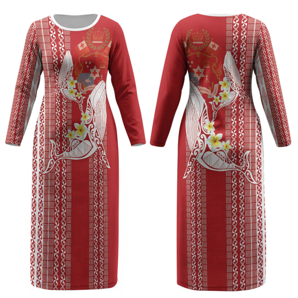 Swimming With Humpback Whales Season Tonga Couples Matching Long Sleeve Bodycon Dress and Hawaiian Shirt Tongan Tofuaa Ngatu Pattern Red