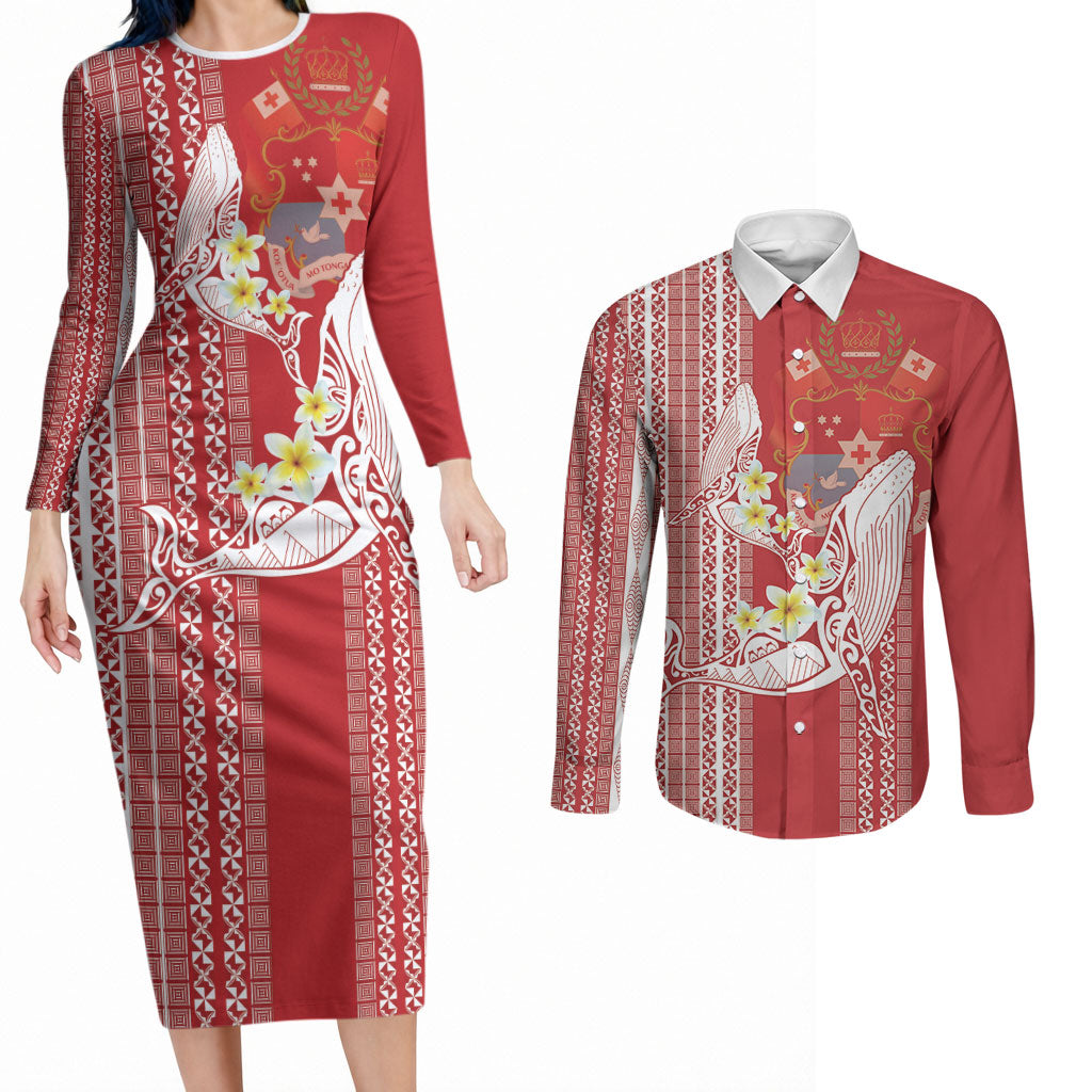 Swimming With Humpback Whales Season Tonga Couples Matching Long Sleeve Bodycon Dress and Long Sleeve Button Shirt Tongan Tofuaa Ngatu Pattern Red