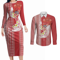 Swimming With Humpback Whales Season Tonga Couples Matching Long Sleeve Bodycon Dress and Long Sleeve Button Shirt Tongan Tofuaa Ngatu Pattern Red