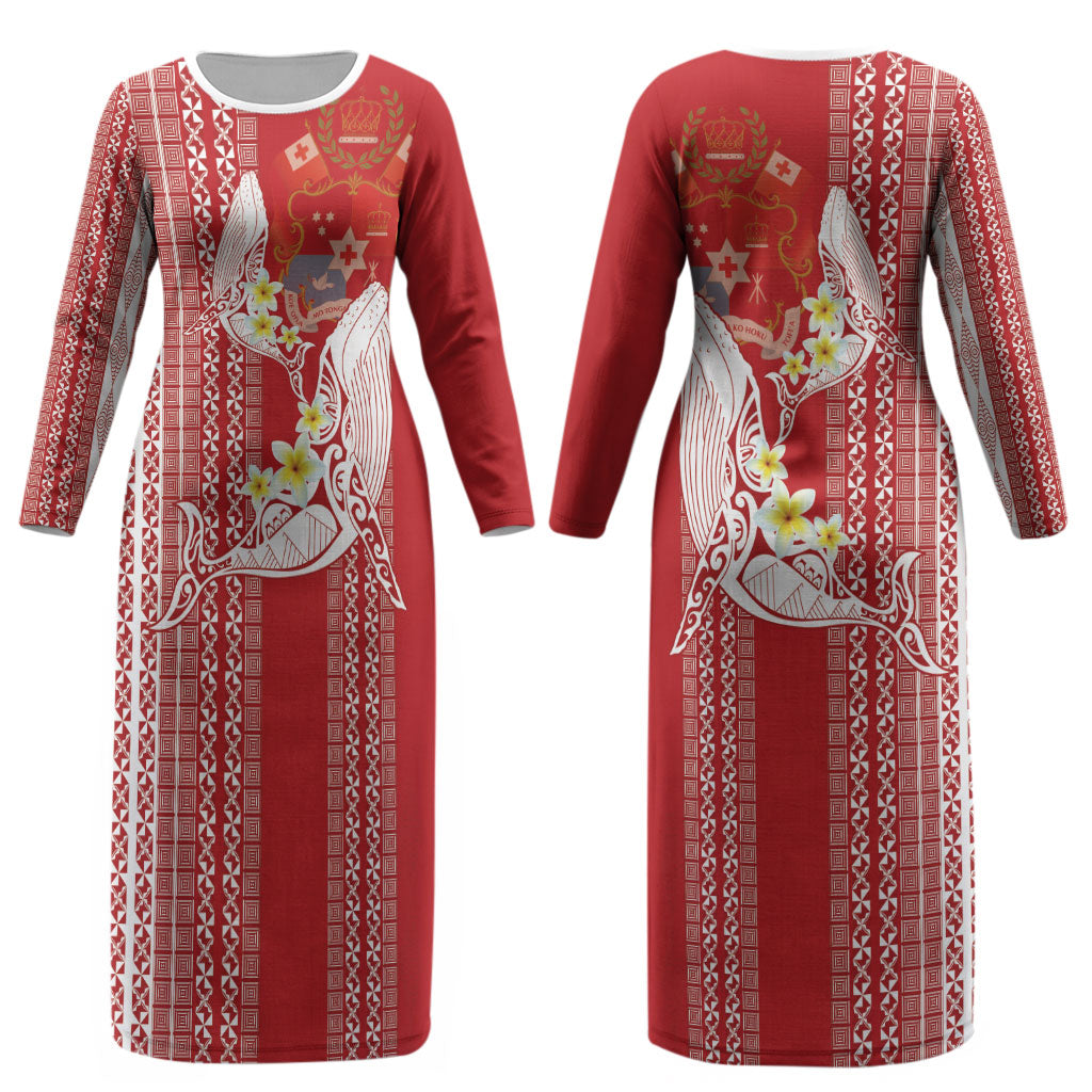 Swimming With Humpback Whales Season Tonga Couples Matching Long Sleeve Bodycon Dress and Long Sleeve Button Shirt Tongan Tofuaa Ngatu Pattern Red