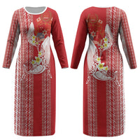 Swimming With Humpback Whales Season Tonga Couples Matching Long Sleeve Bodycon Dress and Long Sleeve Button Shirt Tongan Tofuaa Ngatu Pattern Red