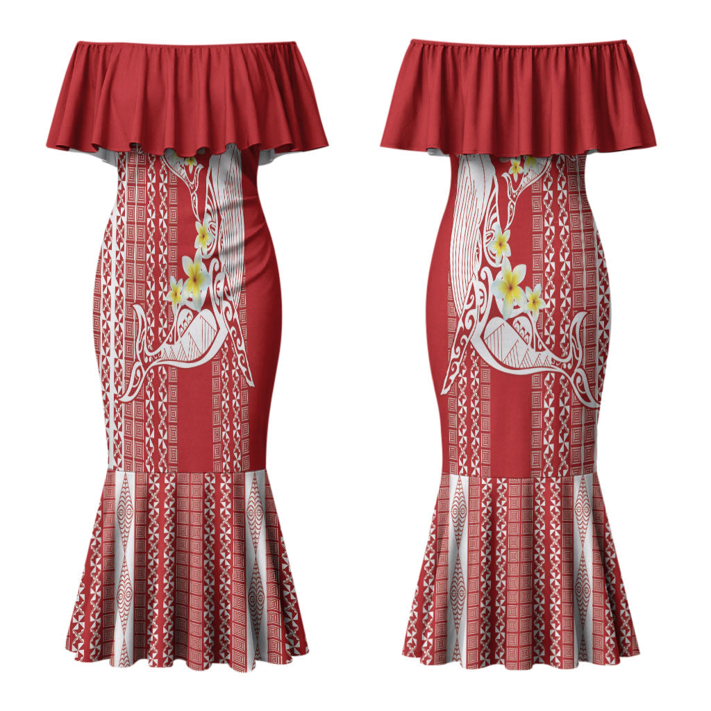 Swimming With Humpback Whales Season Tonga Couples Matching Mermaid Dress and Hawaiian Shirt Tongan Tofuaa Ngatu Pattern Red