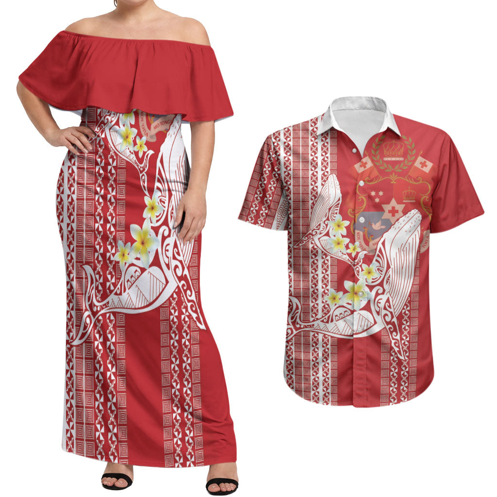 Swimming With Humpback Whales Season Tonga Couples Matching Off Shoulder Maxi Dress and Hawaiian Shirt Tongan Tofuaa Ngatu Pattern Red