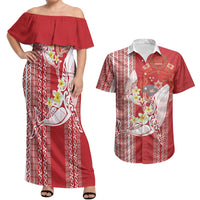 Swimming With Humpback Whales Season Tonga Couples Matching Off Shoulder Maxi Dress and Hawaiian Shirt Tongan Tofuaa Ngatu Pattern Red