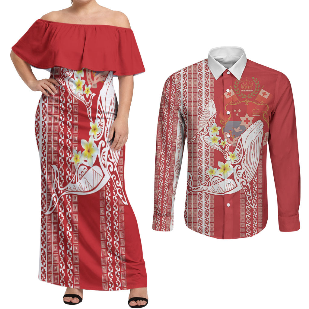 Swimming With Humpback Whales Season Tonga Couples Matching Off Shoulder Maxi Dress and Long Sleeve Button Shirt Tongan Tofuaa Ngatu Pattern Red