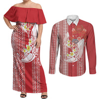 Swimming With Humpback Whales Season Tonga Couples Matching Off Shoulder Maxi Dress and Long Sleeve Button Shirt Tongan Tofuaa Ngatu Pattern Red