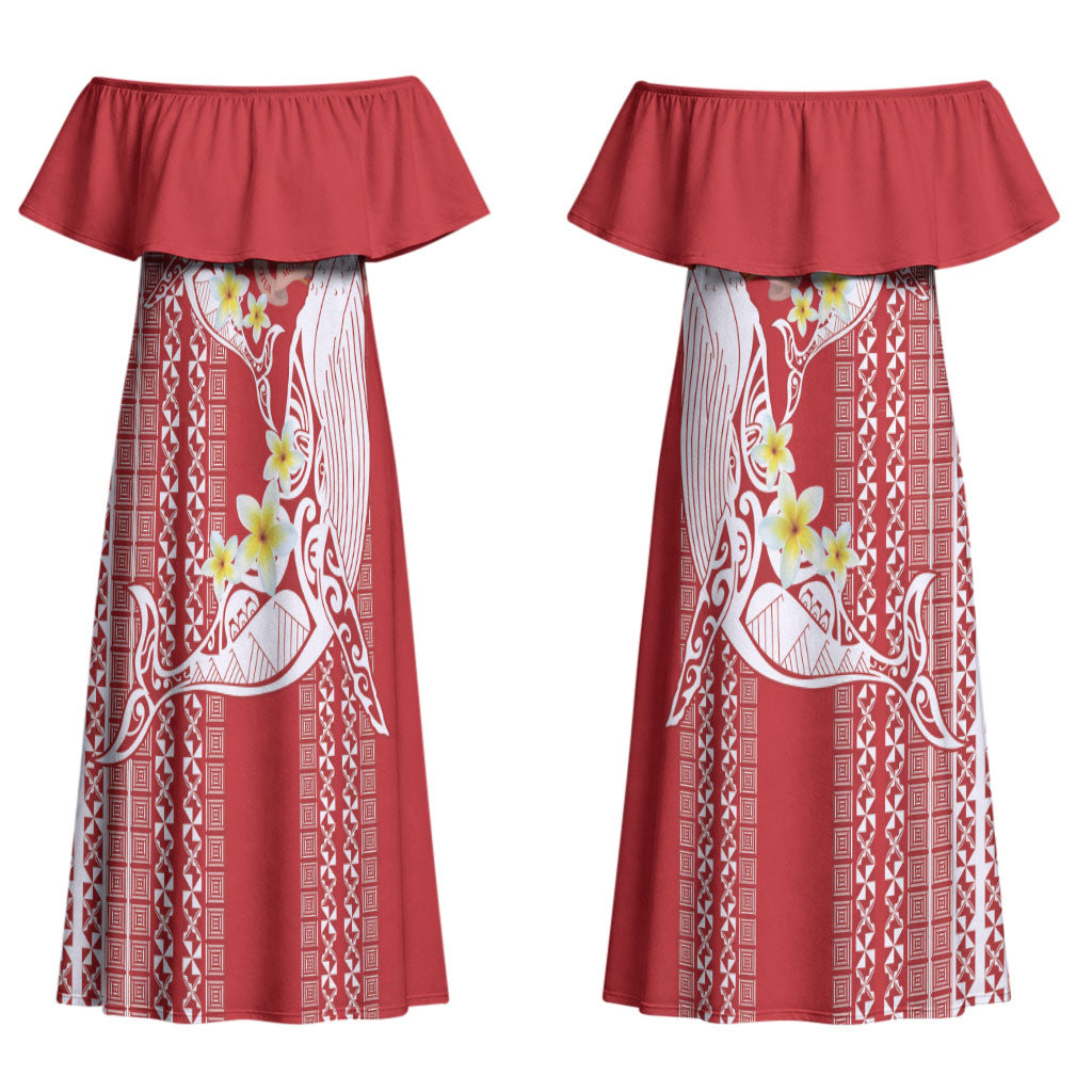 Swimming With Humpback Whales Season Tonga Couples Matching Off Shoulder Maxi Dress and Long Sleeve Button Shirt Tongan Tofuaa Ngatu Pattern Red