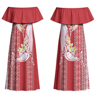 Swimming With Humpback Whales Season Tonga Couples Matching Off Shoulder Maxi Dress and Long Sleeve Button Shirt Tongan Tofuaa Ngatu Pattern Red