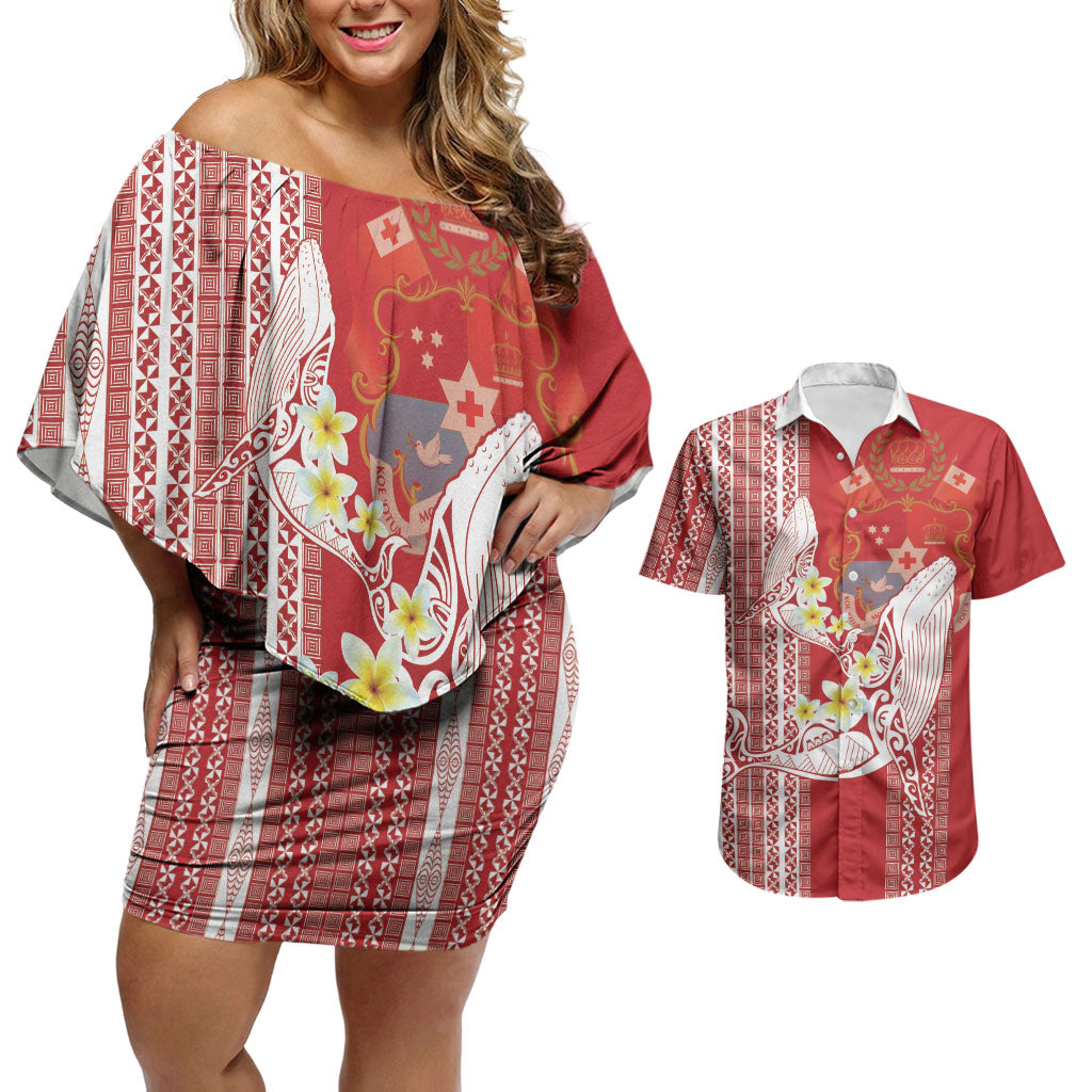 Swimming With Humpback Whales Season Tonga Couples Matching Off Shoulder Short Dress and Hawaiian Shirt Tongan Tofuaa Ngatu Pattern Red