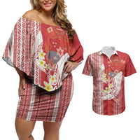 Swimming With Humpback Whales Season Tonga Couples Matching Off Shoulder Short Dress and Hawaiian Shirt Tongan Tofuaa Ngatu Pattern Red