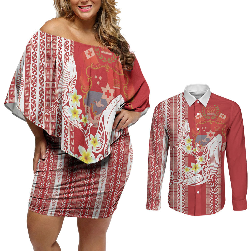 Swimming With Humpback Whales Season Tonga Couples Matching Off Shoulder Short Dress and Long Sleeve Button Shirt Tongan Tofuaa Ngatu Pattern Red