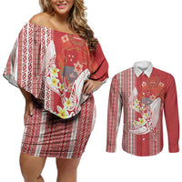 Swimming With Humpback Whales Season Tonga Couples Matching Off Shoulder Short Dress and Long Sleeve Button Shirt Tongan Tofuaa Ngatu Pattern Red