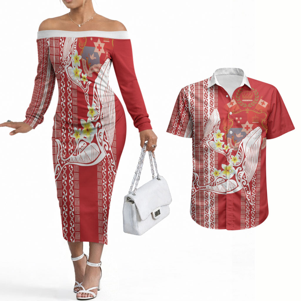 Swimming With Humpback Whales Season Tonga Couples Matching Off The Shoulder Long Sleeve Dress and Hawaiian Shirt Tongan Tofuaa Ngatu Pattern Red