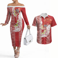 Swimming With Humpback Whales Season Tonga Couples Matching Off The Shoulder Long Sleeve Dress and Hawaiian Shirt Tongan Tofuaa Ngatu Pattern Red