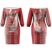 Swimming With Humpback Whales Season Tonga Couples Matching Off The Shoulder Long Sleeve Dress and Hawaiian Shirt Tongan Tofuaa Ngatu Pattern Red