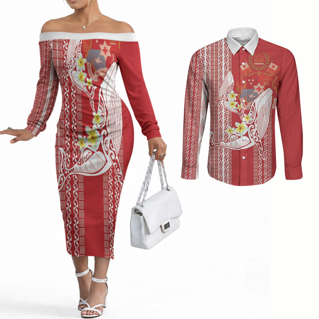 Swimming With Humpback Whales Season Tonga Couples Matching Off The Shoulder Long Sleeve Dress and Long Sleeve Button Shirt Tongan Tofuaa Ngatu Pattern Red