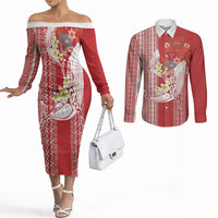 Swimming With Humpback Whales Season Tonga Couples Matching Off The Shoulder Long Sleeve Dress and Long Sleeve Button Shirt Tongan Tofuaa Ngatu Pattern Red
