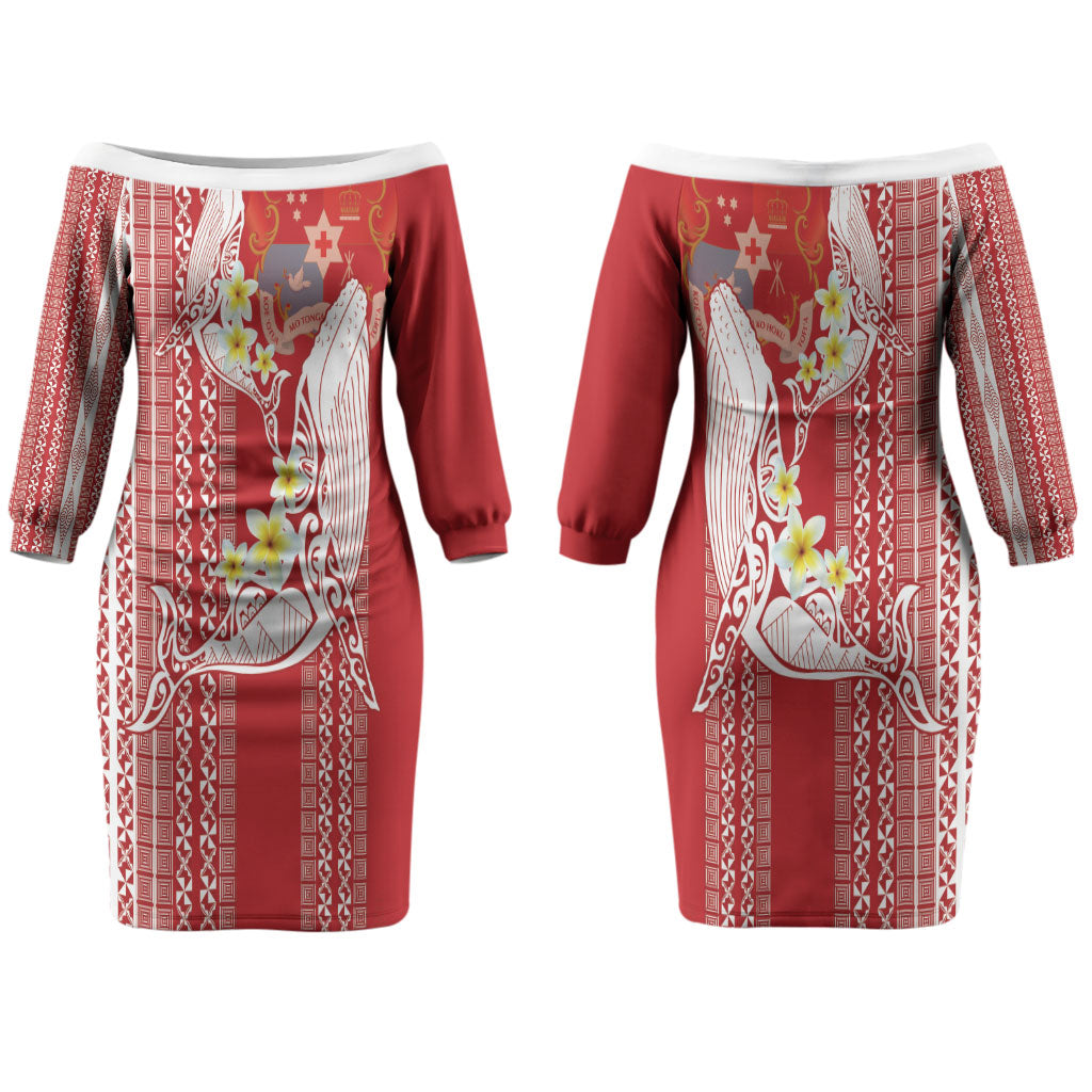 Swimming With Humpback Whales Season Tonga Couples Matching Off The Shoulder Long Sleeve Dress and Long Sleeve Button Shirt Tongan Tofuaa Ngatu Pattern Red