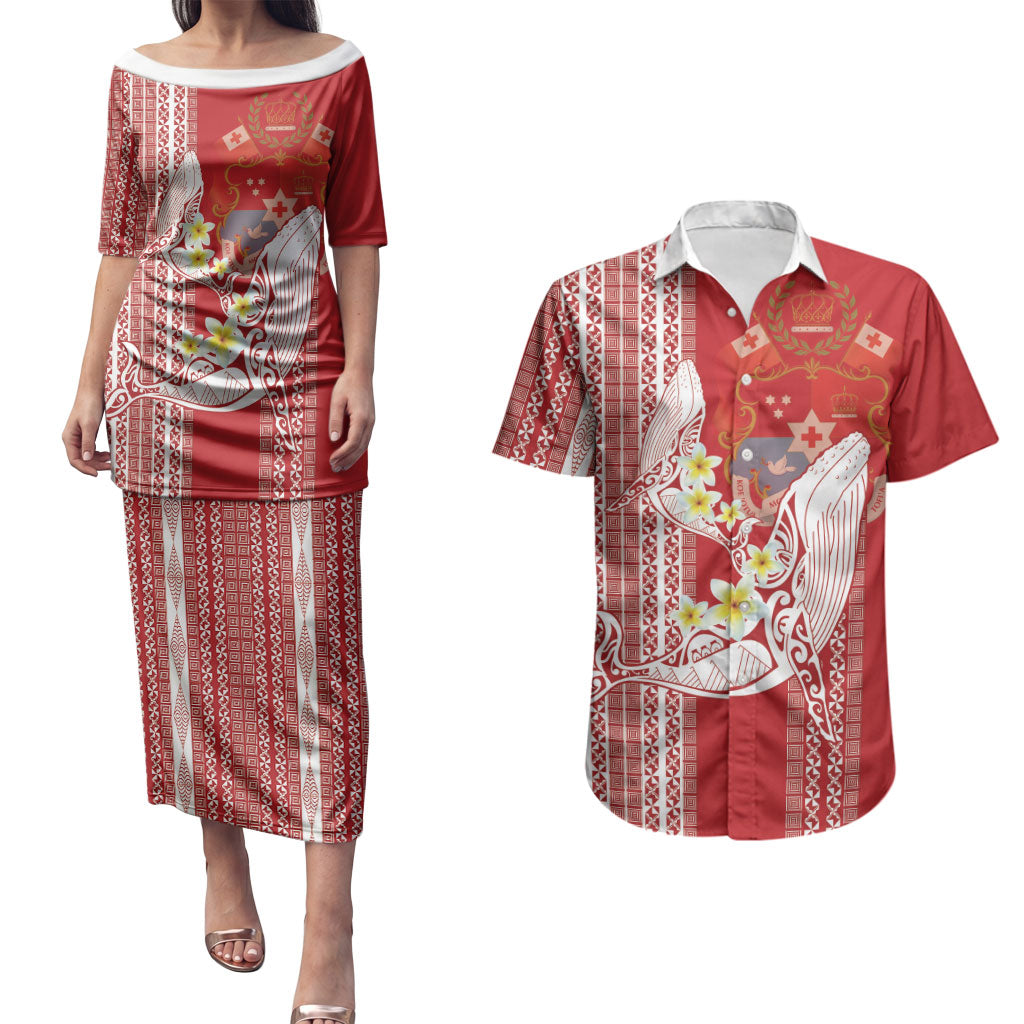 Swimming With Humpback Whales Season Tonga Couples Matching Puletasi and Hawaiian Shirt Tongan Tofuaa Ngatu Pattern Red