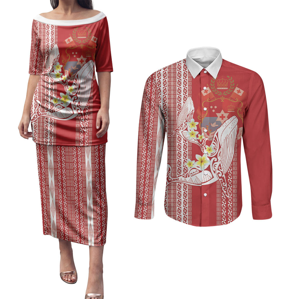 Swimming With Humpback Whales Season Tonga Couples Matching Puletasi and Long Sleeve Button Shirt Tongan Tofuaa Ngatu Pattern Red