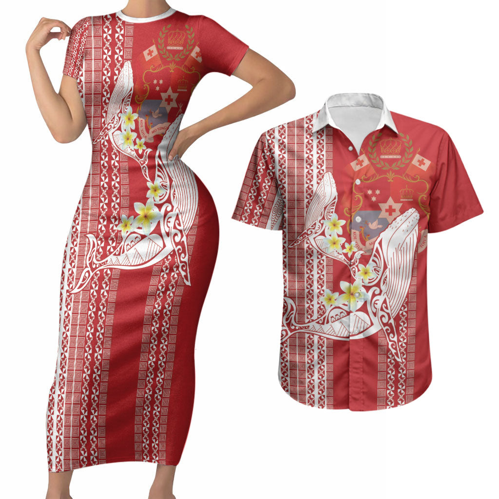 Swimming With Humpback Whales Season Tonga Couples Matching Short Sleeve Bodycon Dress and Hawaiian Shirt Tongan Tofuaa Ngatu Pattern Red