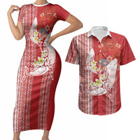 Swimming With Humpback Whales Season Tonga Couples Matching Short Sleeve Bodycon Dress and Hawaiian Shirt Tongan Tofuaa Ngatu Pattern Red