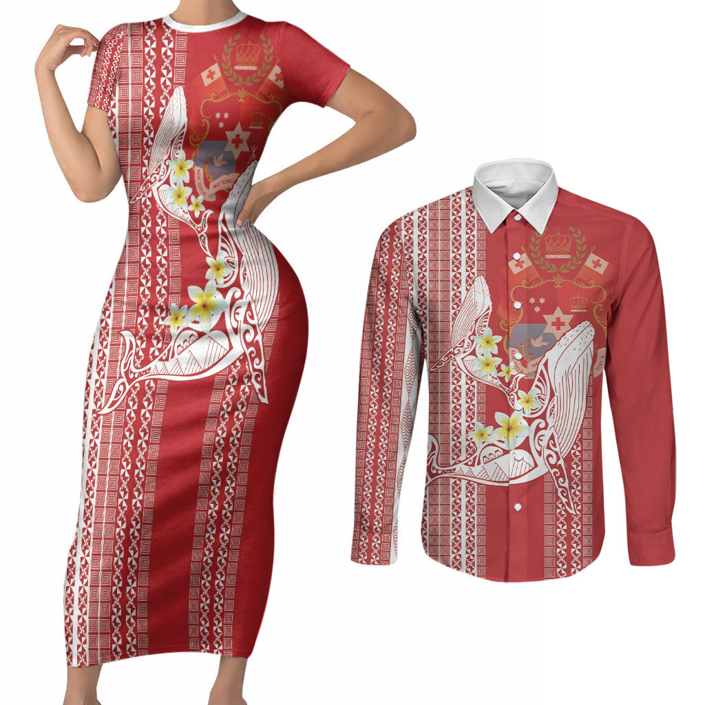 Swimming With Humpback Whales Season Tonga Couples Matching Short Sleeve Bodycon Dress and Long Sleeve Button Shirt Tongan Tofuaa Ngatu Pattern Red