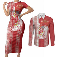 Swimming With Humpback Whales Season Tonga Couples Matching Short Sleeve Bodycon Dress and Long Sleeve Button Shirt Tongan Tofuaa Ngatu Pattern Red