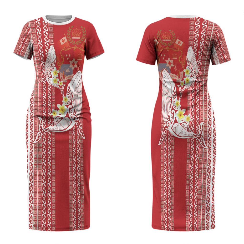 Swimming With Humpback Whales Season Tonga Couples Matching Short Sleeve Bodycon Dress and Long Sleeve Button Shirt Tongan Tofuaa Ngatu Pattern Red