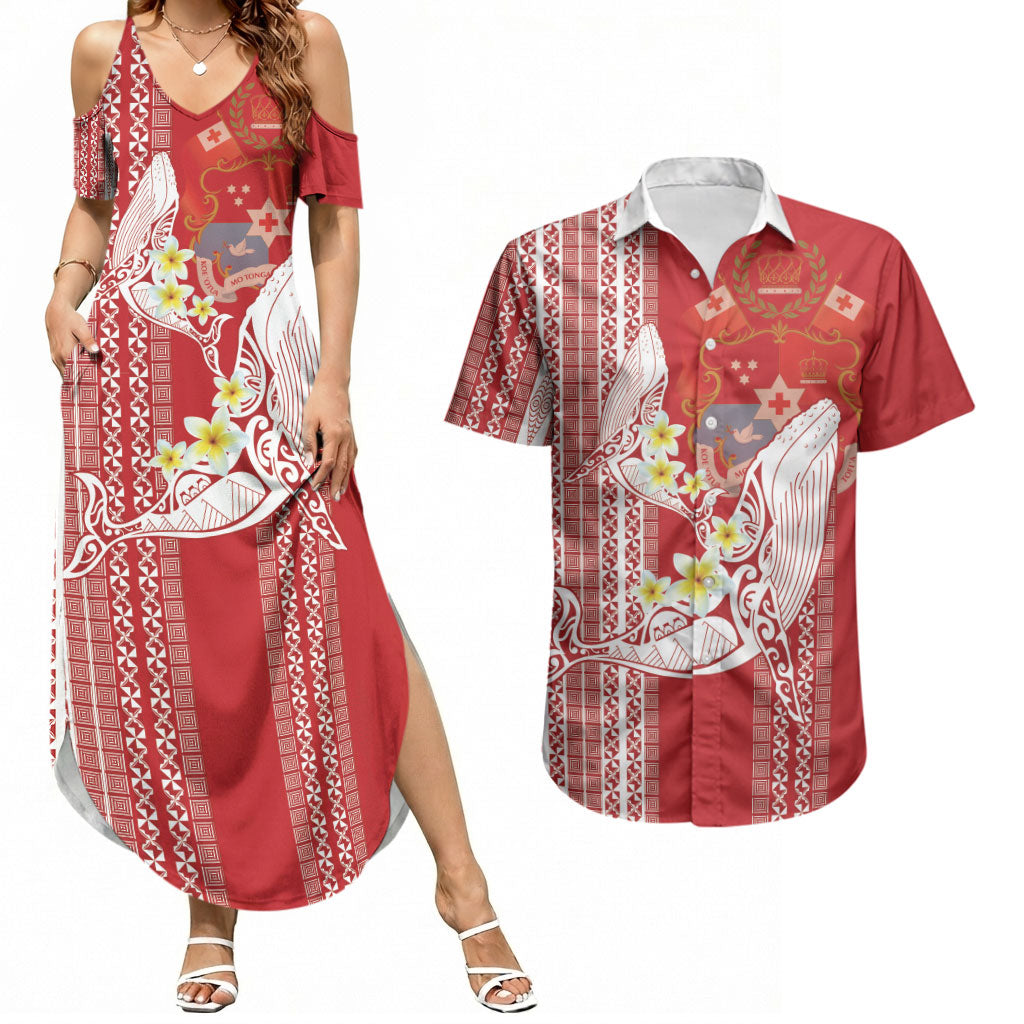 Swimming With Humpback Whales Season Tonga Couples Matching Summer Maxi Dress and Hawaiian Shirt Tongan Tofuaa Ngatu Pattern Red
