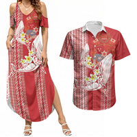 Swimming With Humpback Whales Season Tonga Couples Matching Summer Maxi Dress and Hawaiian Shirt Tongan Tofuaa Ngatu Pattern Red