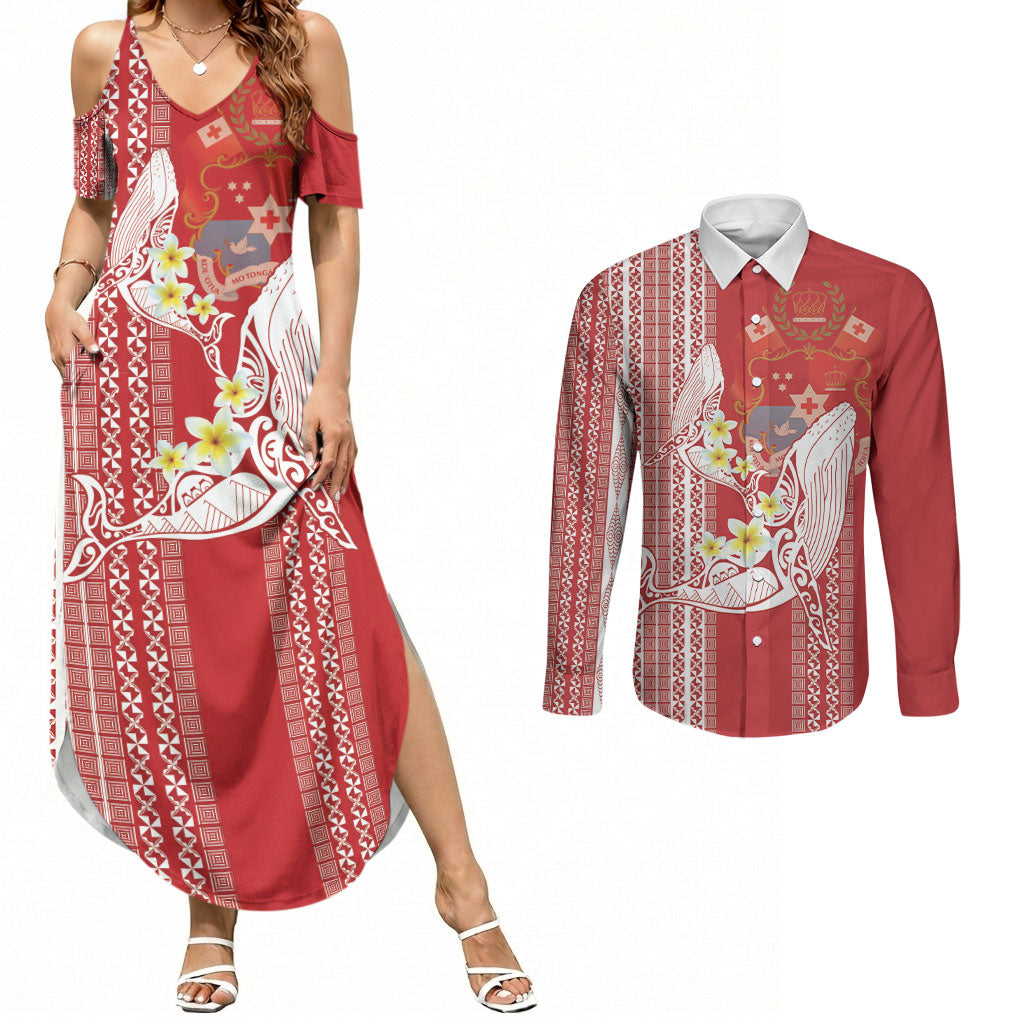 Swimming With Humpback Whales Season Tonga Couples Matching Summer Maxi Dress and Long Sleeve Button Shirt Tongan Tofuaa Ngatu Pattern Red