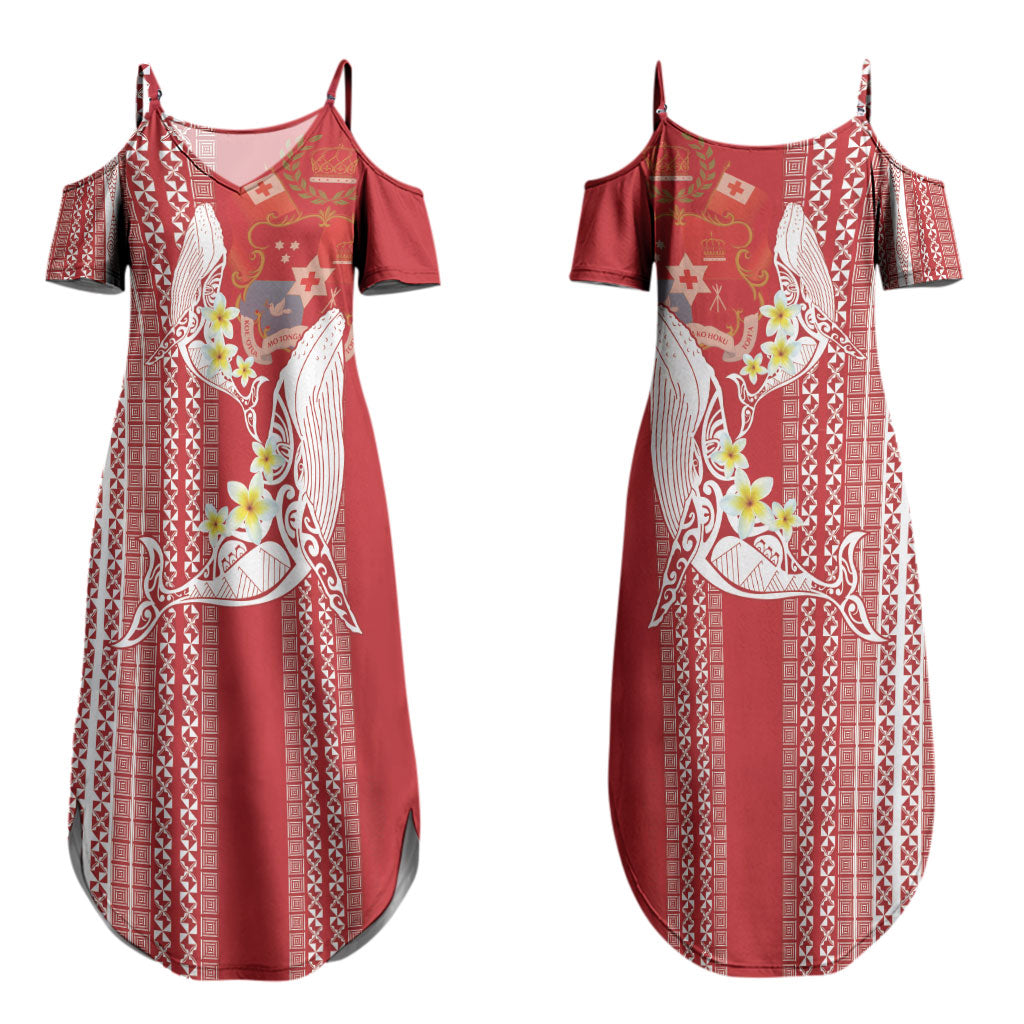 Swimming With Humpback Whales Season Tonga Couples Matching Summer Maxi Dress and Long Sleeve Button Shirt Tongan Tofuaa Ngatu Pattern Red