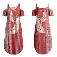 Swimming With Humpback Whales Season Tonga Couples Matching Summer Maxi Dress and Long Sleeve Button Shirt Tongan Tofuaa Ngatu Pattern Red