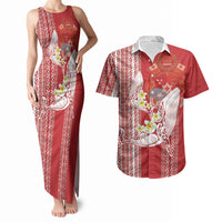 Swimming With Humpback Whales Season Tonga Couples Matching Tank Maxi Dress and Hawaiian Shirt Tongan Tofuaa Ngatu Pattern Red
