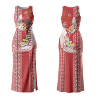 Swimming With Humpback Whales Season Tonga Couples Matching Tank Maxi Dress and Hawaiian Shirt Tongan Tofuaa Ngatu Pattern Red