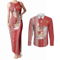 Swimming With Humpback Whales Season Tonga Couples Matching Tank Maxi Dress and Long Sleeve Button Shirt Tongan Tofuaa Ngatu Pattern Red
